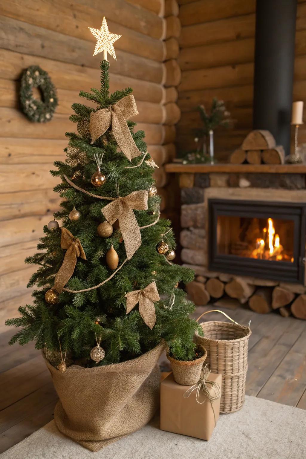Rustic elements bring warmth to this vintage Christmas tree.