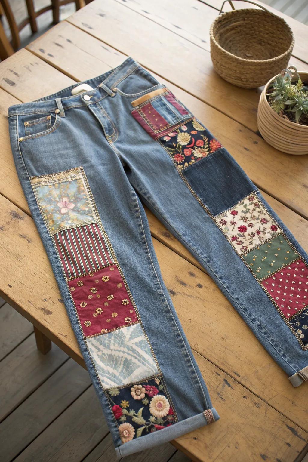 Embrace the art of visible mending with a patchwork party on your favorite jeans! #CraftedCharm #SustainableStyle