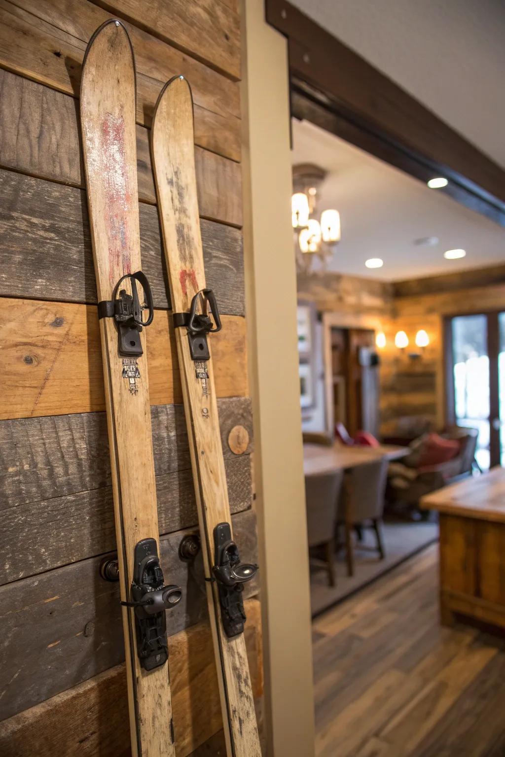 Transform your space with a touch of winter lodge charm: a vintage ski coat rack that blends history with style.