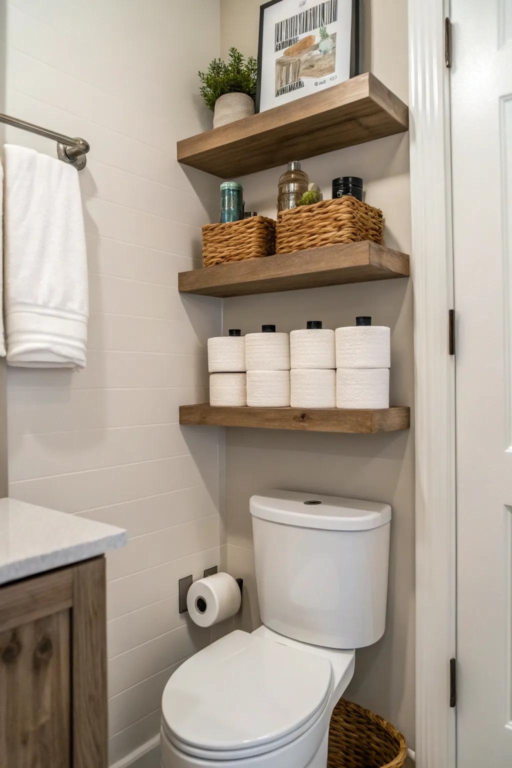 Achieve a minimalist vibe with floating toilet paper shelves.
