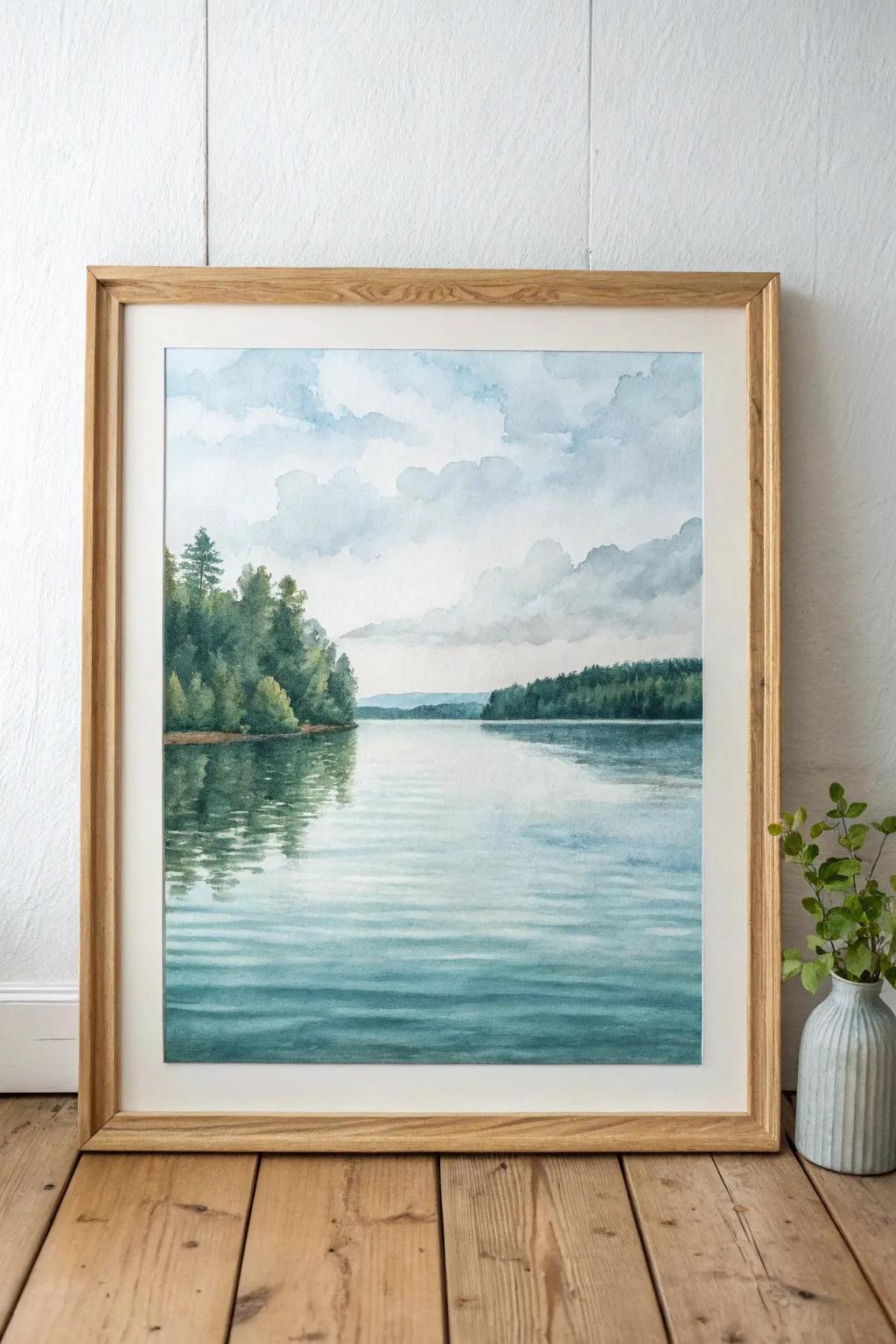 Embrace tranquility with this minimalist watercolor lake scene, where simplicity meets natural beauty.