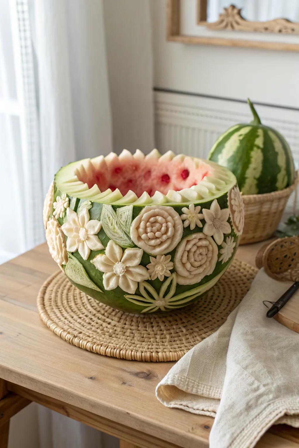 Discover the art of fruit carving with this stunning floral watermelon basket—where nature meets creativity.