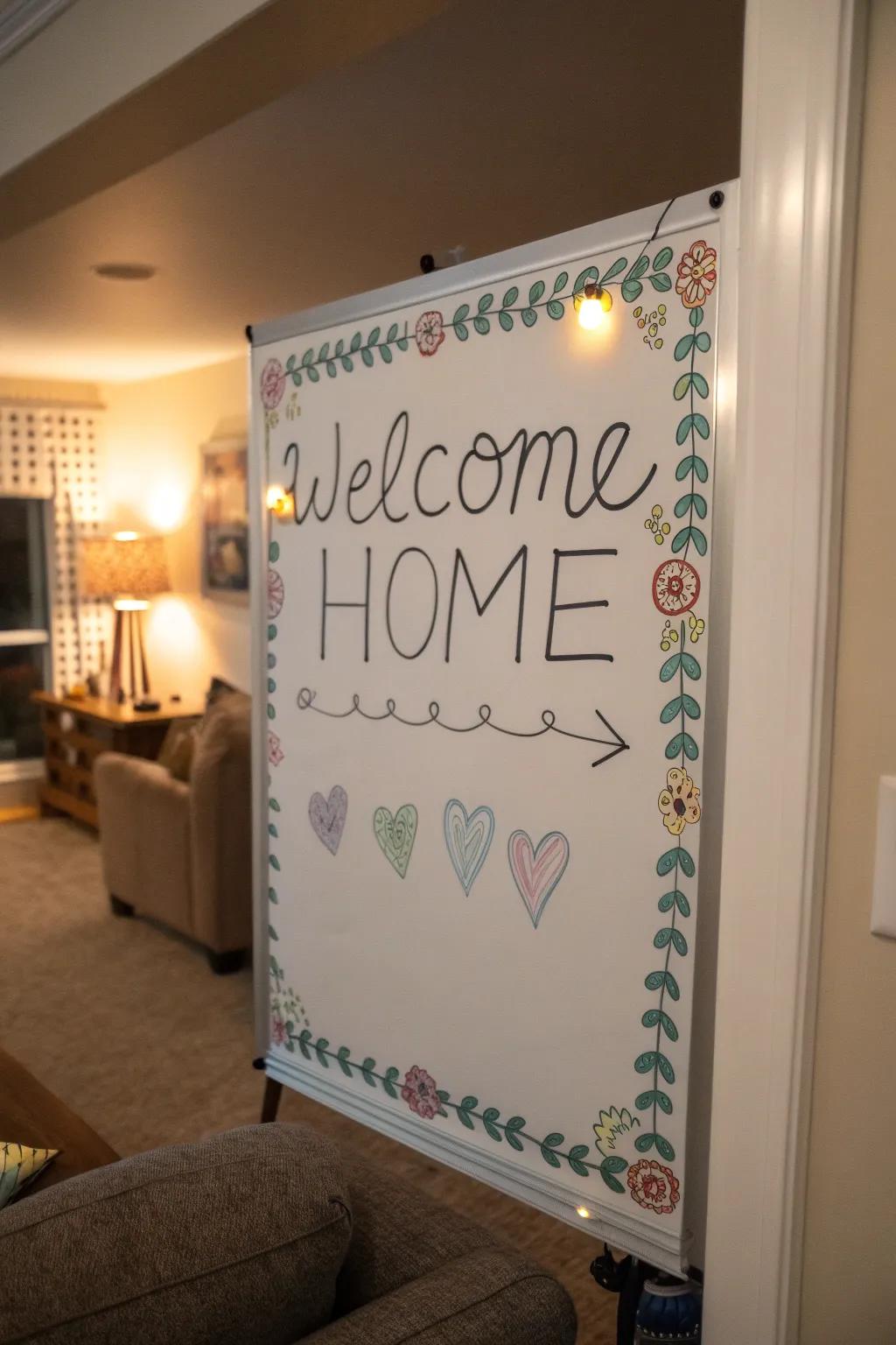 An artistic border framing a welcome message on a whiteboard.