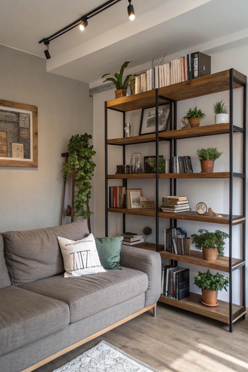 Shelving units offer both aesthetic and functional benefits.