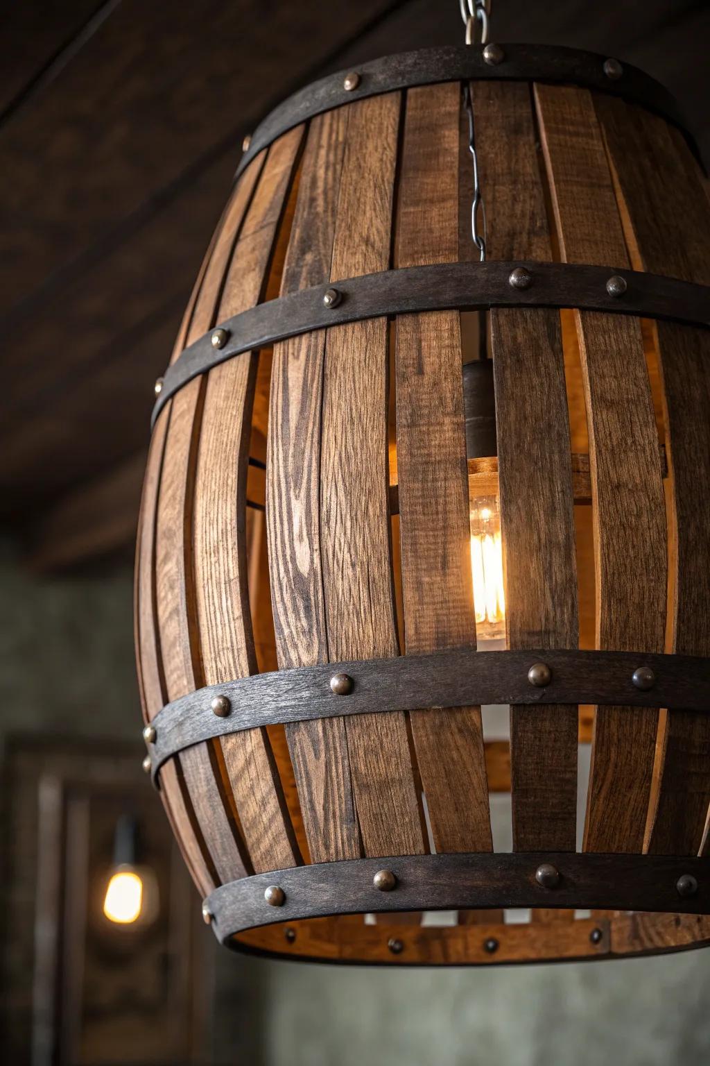 Illuminate your space with rustic elegance: a wine barrel lighting fixture that tells a story.