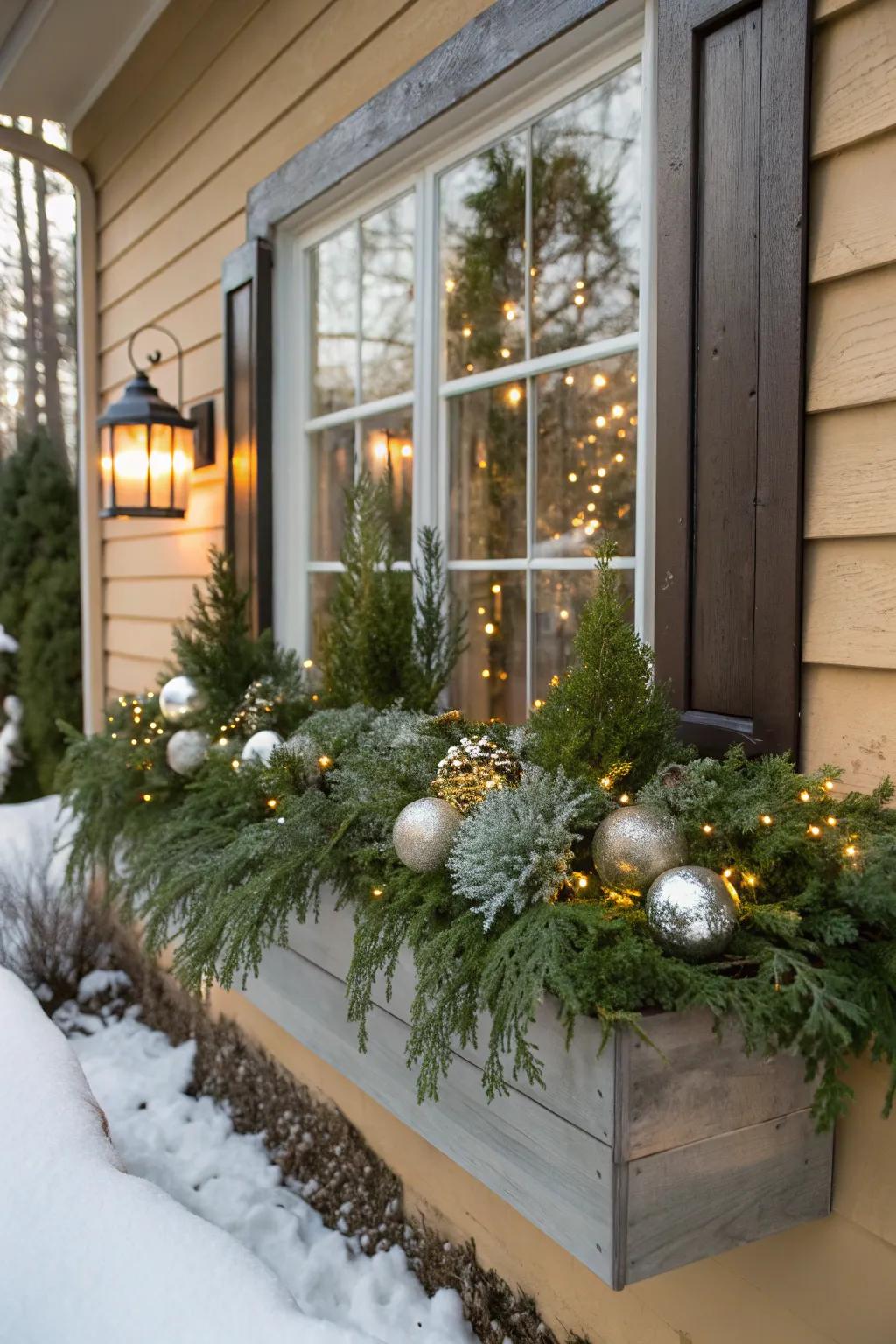 Ornaments add a festive sparkle to winter window boxes.