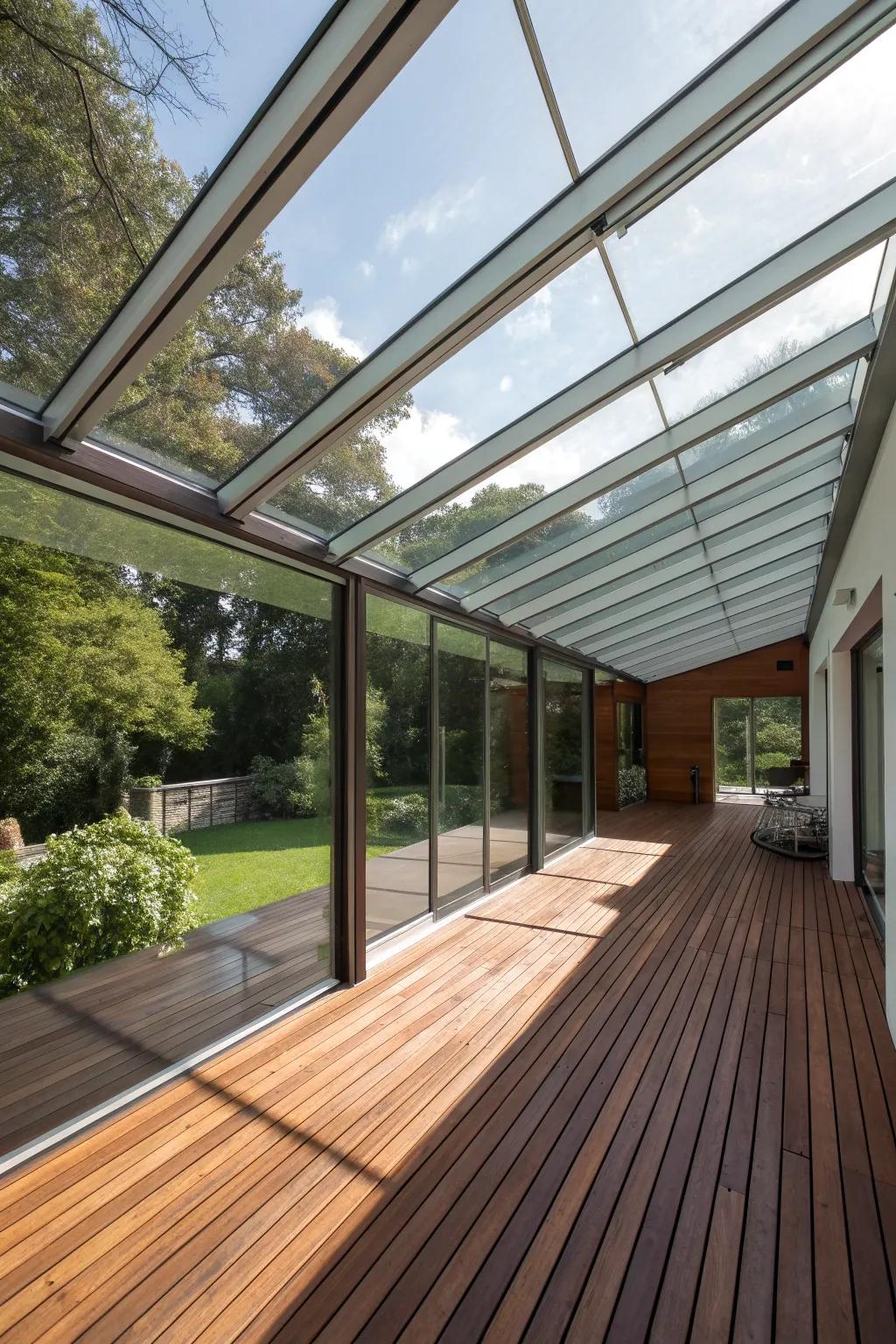 Experience the elegance of a modern glass roof that beautifully complements any wooden deck.