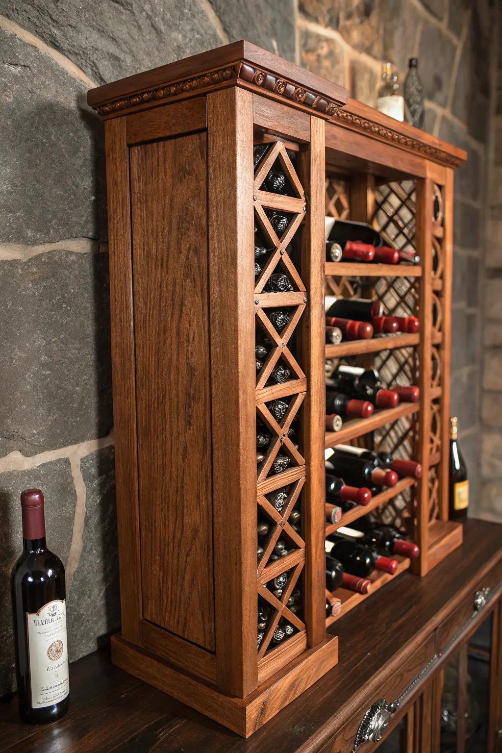 Elevate your space with artisanal elegance: Discover the charm of a handcrafted wooden wine rack.