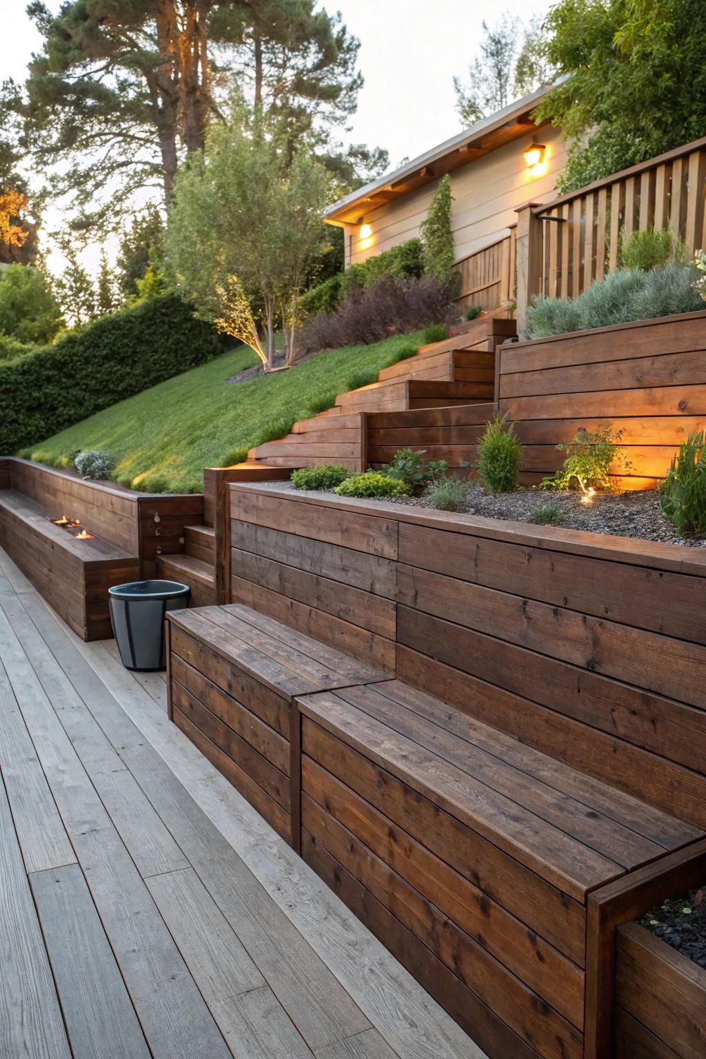 Transform your backyard with a stunning wood retaining wall featuring integrated seating—where craftsmanship meets comfort.
