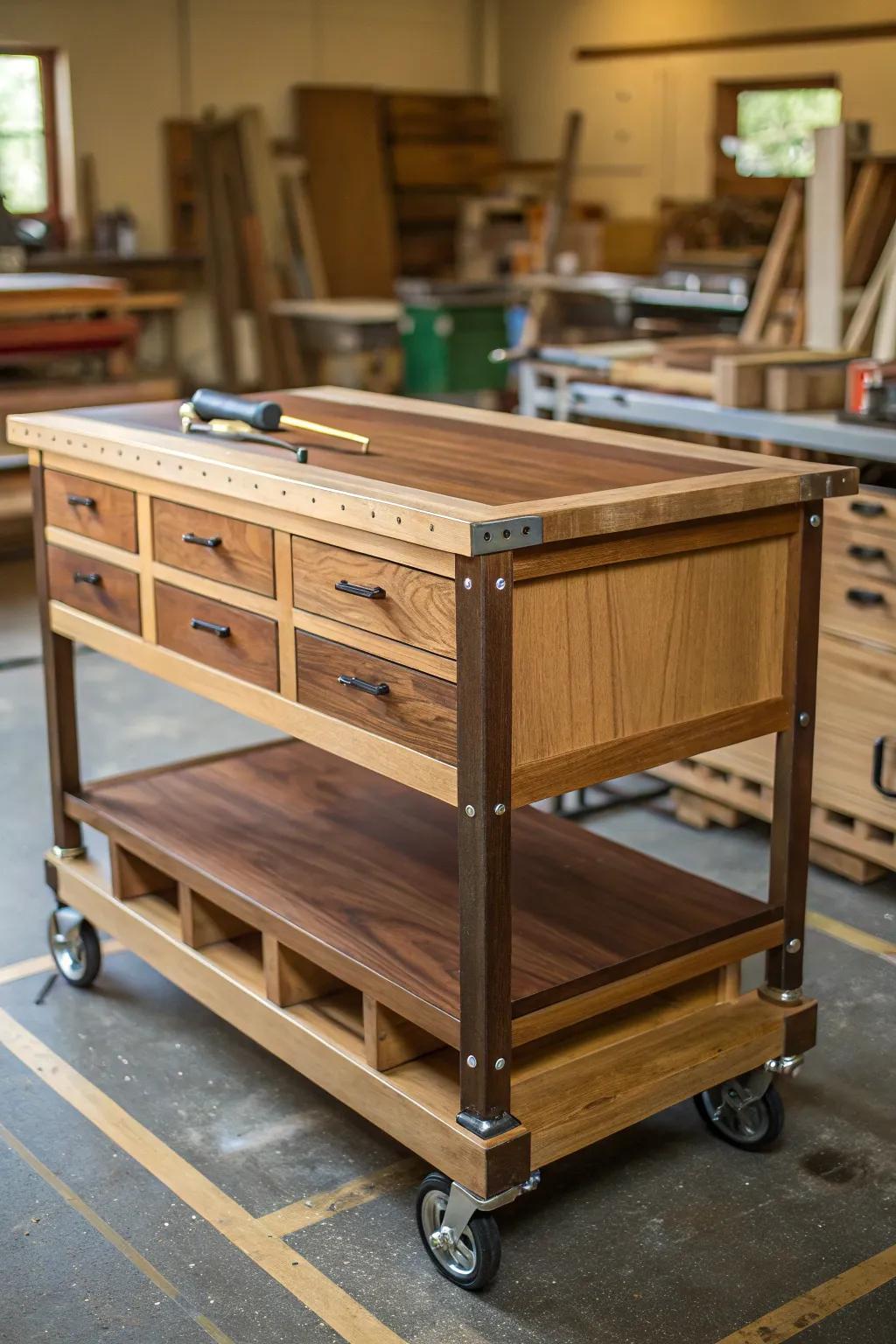 Craft Your Space: Effortlessly reconfigure your woodshop with a mobile workstation designed for versatility and elegance.