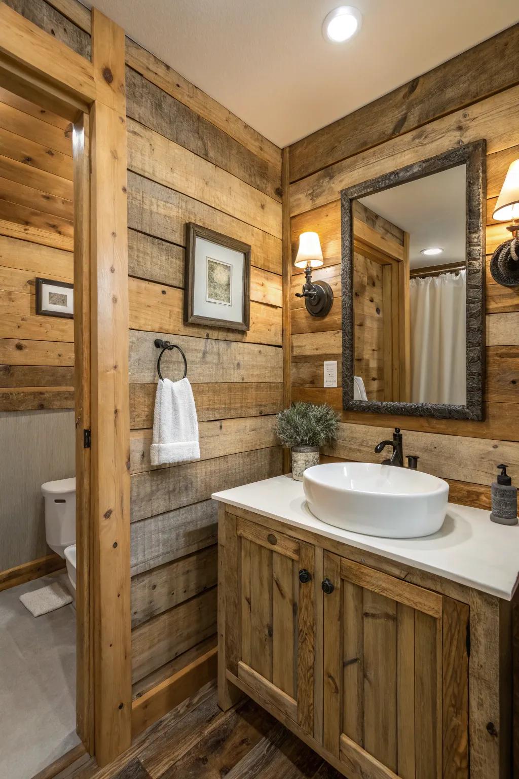 A bathroom showcasing the charm of reclaimed wood walls.