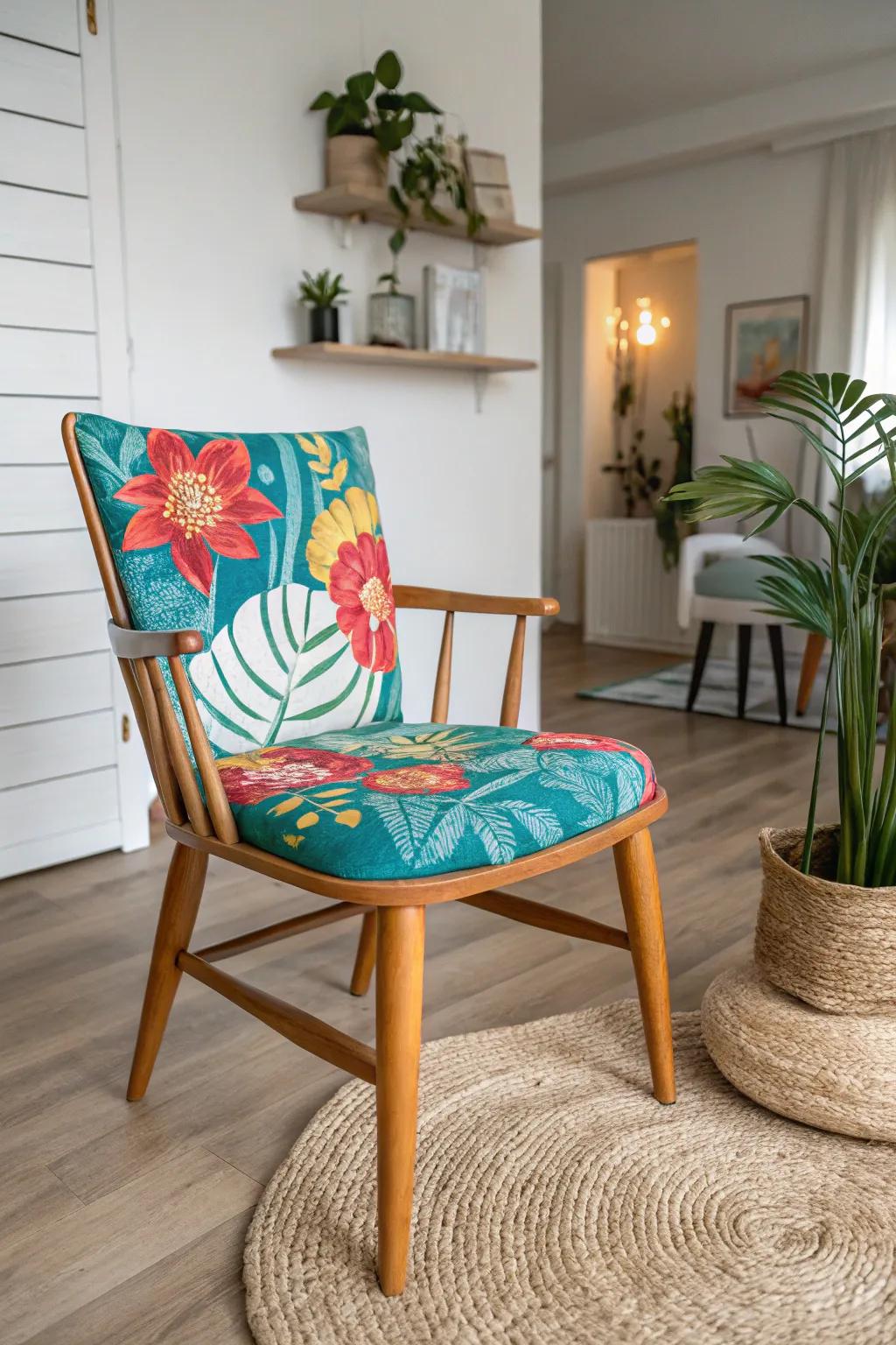 Transform your space with a splash of color: Upcycled wooden chair with vibrant floral patterns.