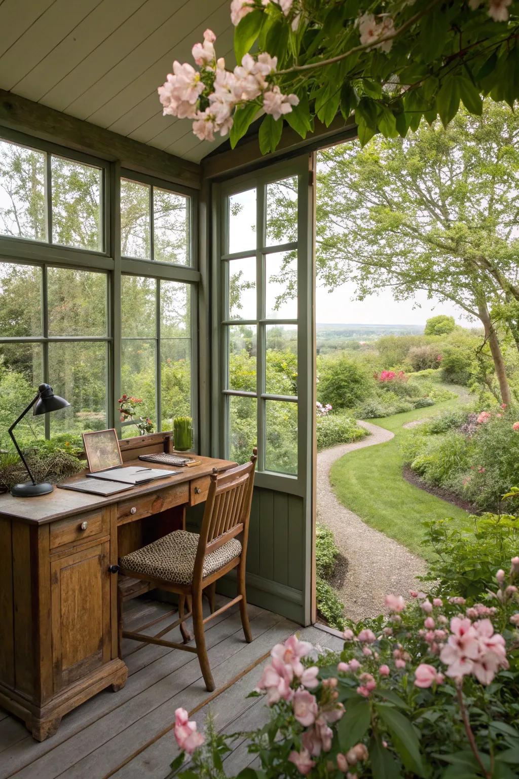 A writing shed with expansive windows, seamlessly connecting with nature.