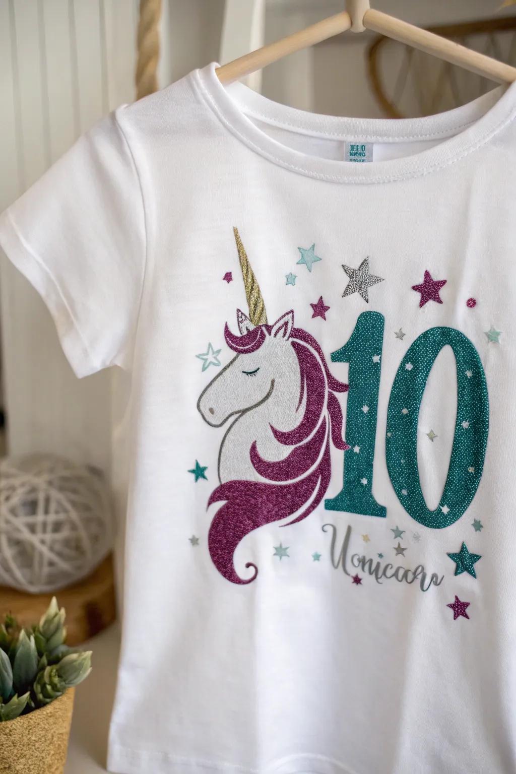 Celebrate with a touch of magic! This unicorn-themed shirt brings enchantment to any 10th birthday bash. ✨🦄
