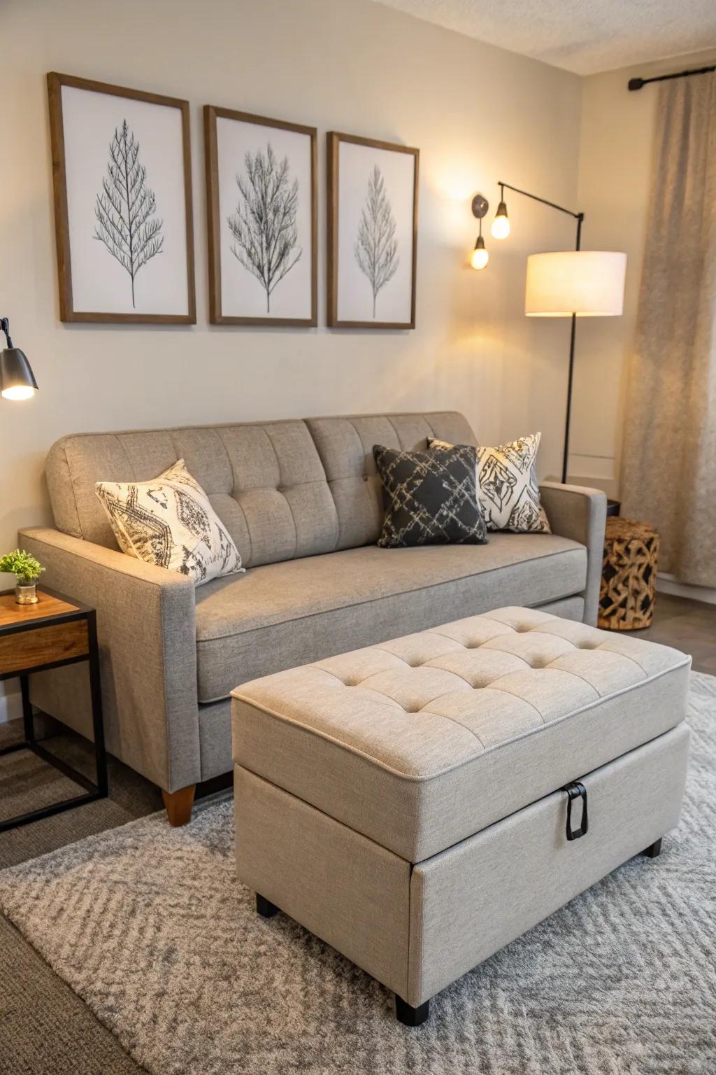 Multi-functional furniture is key to maximizing space in a condo.