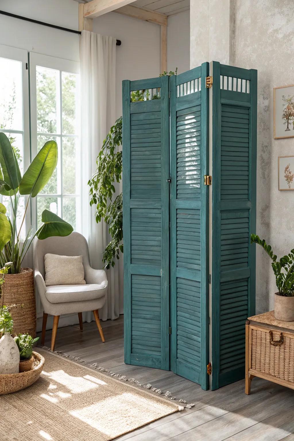 Transform your space with a chic room divider crafted from vintage shutters—where boho charm meets Scandinavian simplicity.