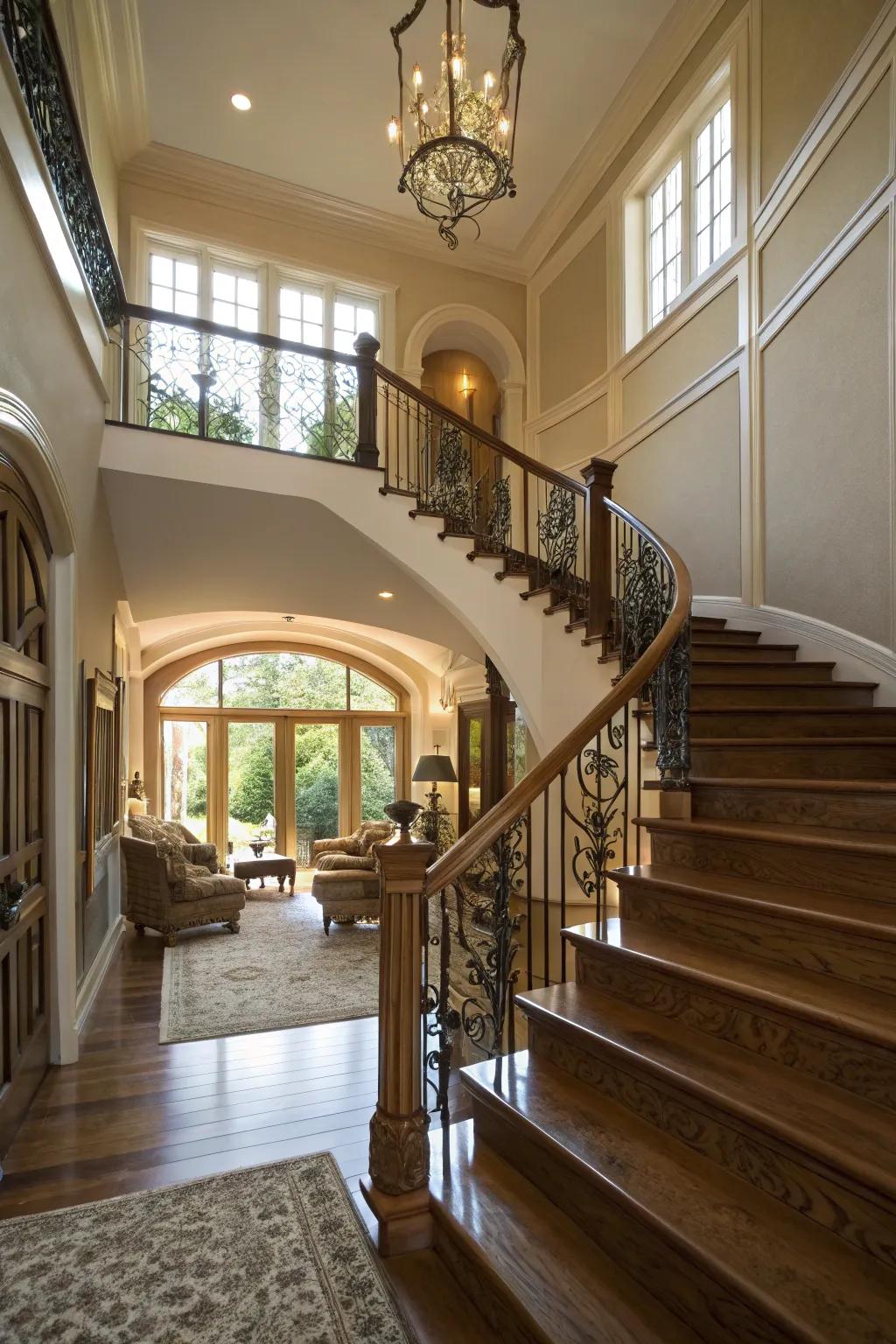 A stylish staircase serves as a focal point in the living room.
