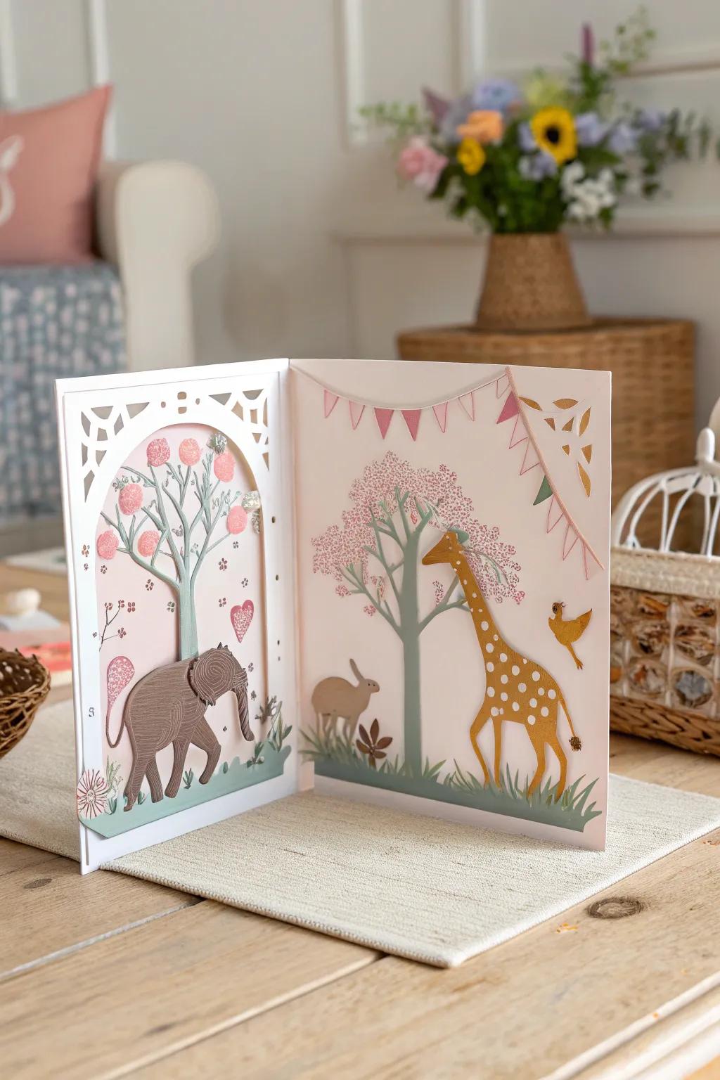 Unfold the magic of a 3D animal parade card—where whimsy meets elegance in minimalist design.