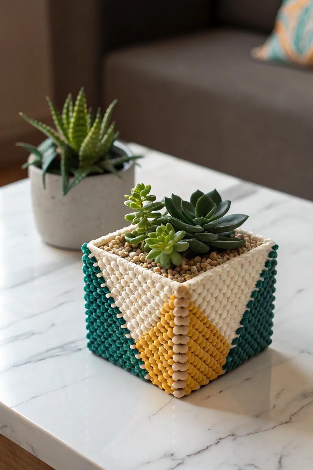 Elevate your decor with a touch of modern elegance: 3D Perler bead geometric planter.