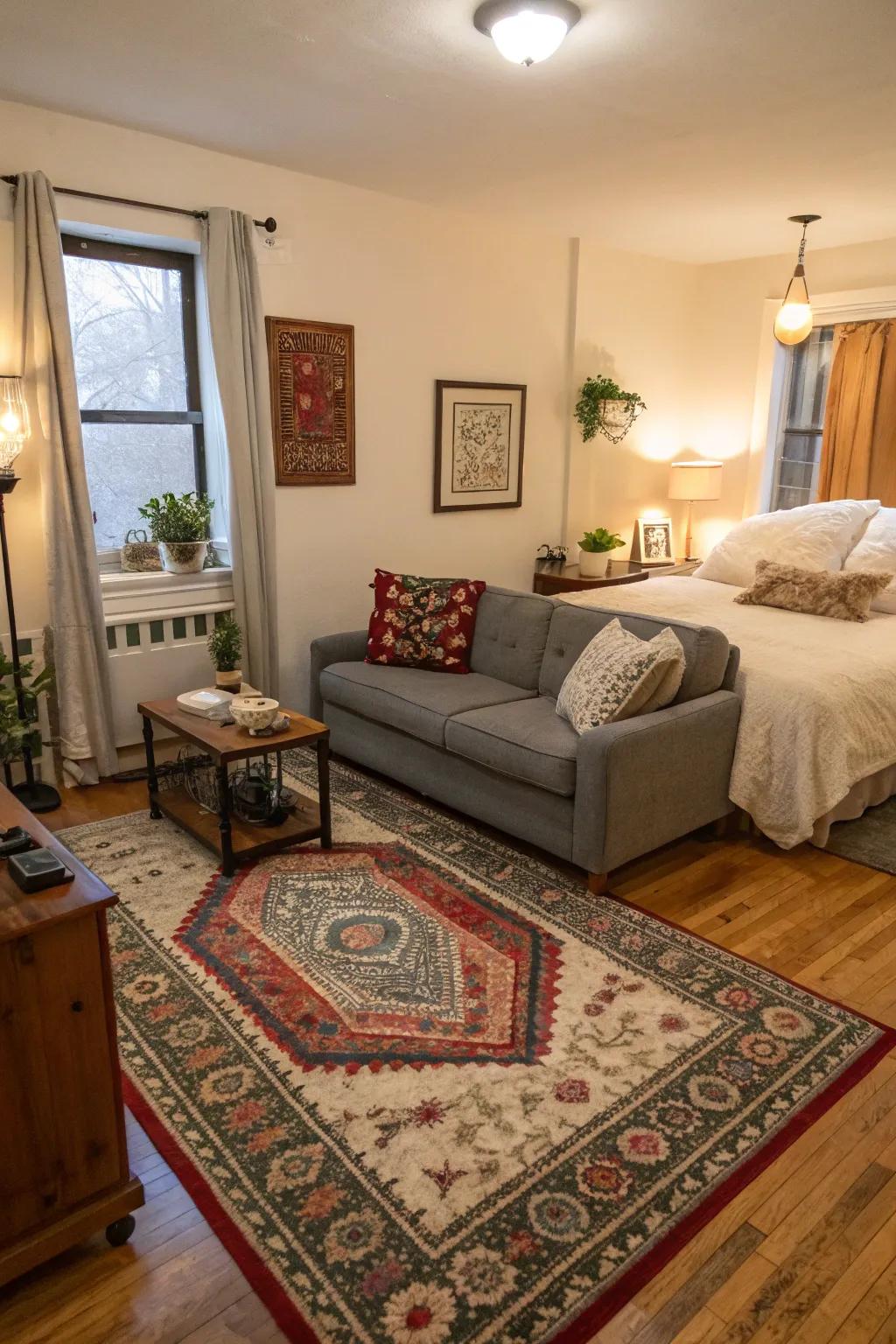 Define spaces in your studio with stylish rugs for effective zoning.