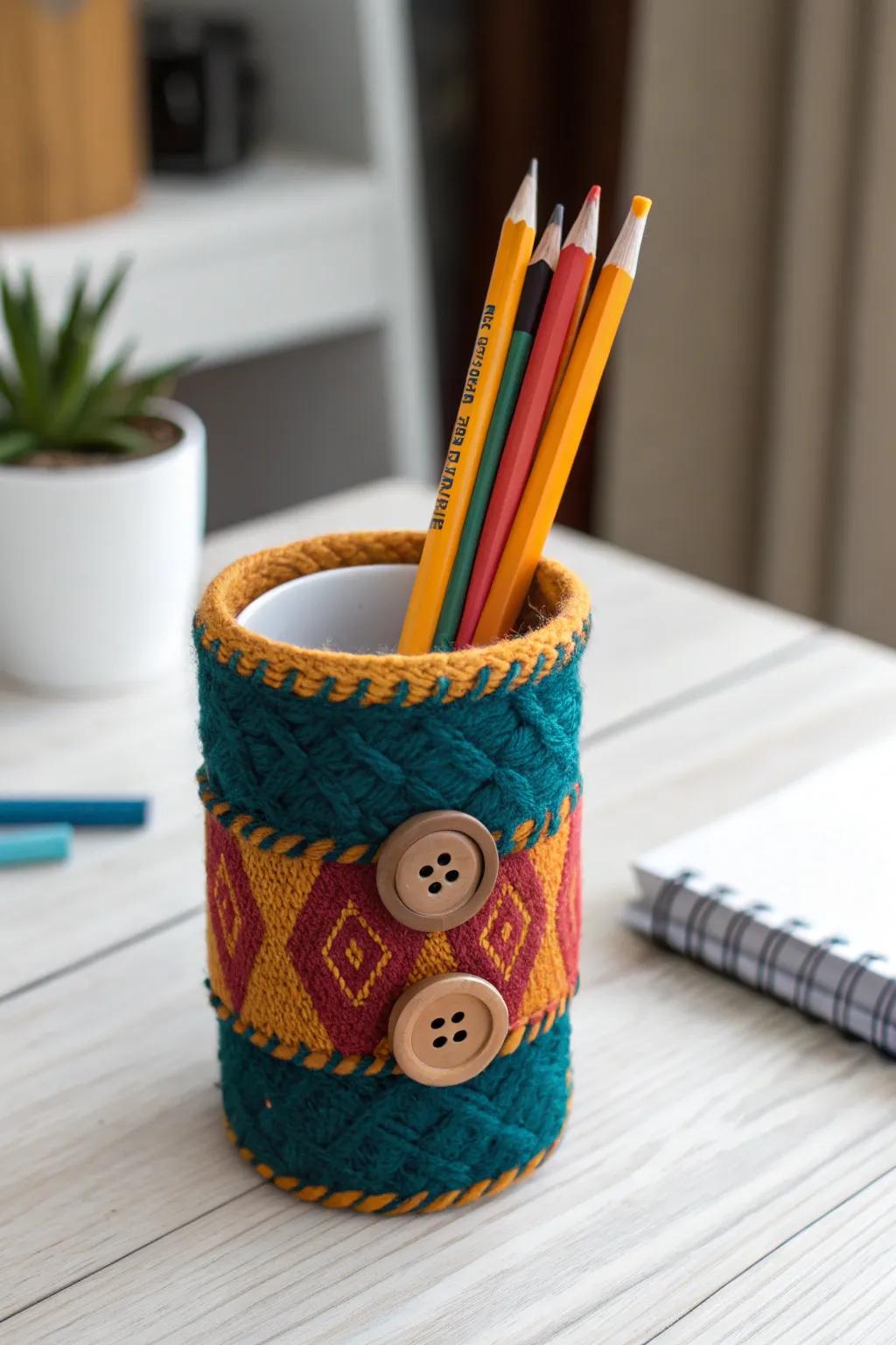 Transform your workspace with this vibrant, handcrafted pencil holder that blends Boho charm with minimalist elegance.