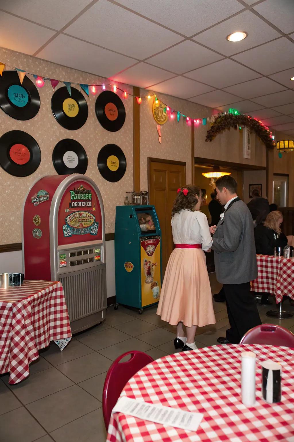 A nostalgic 50s-themed party setup with retro flair.