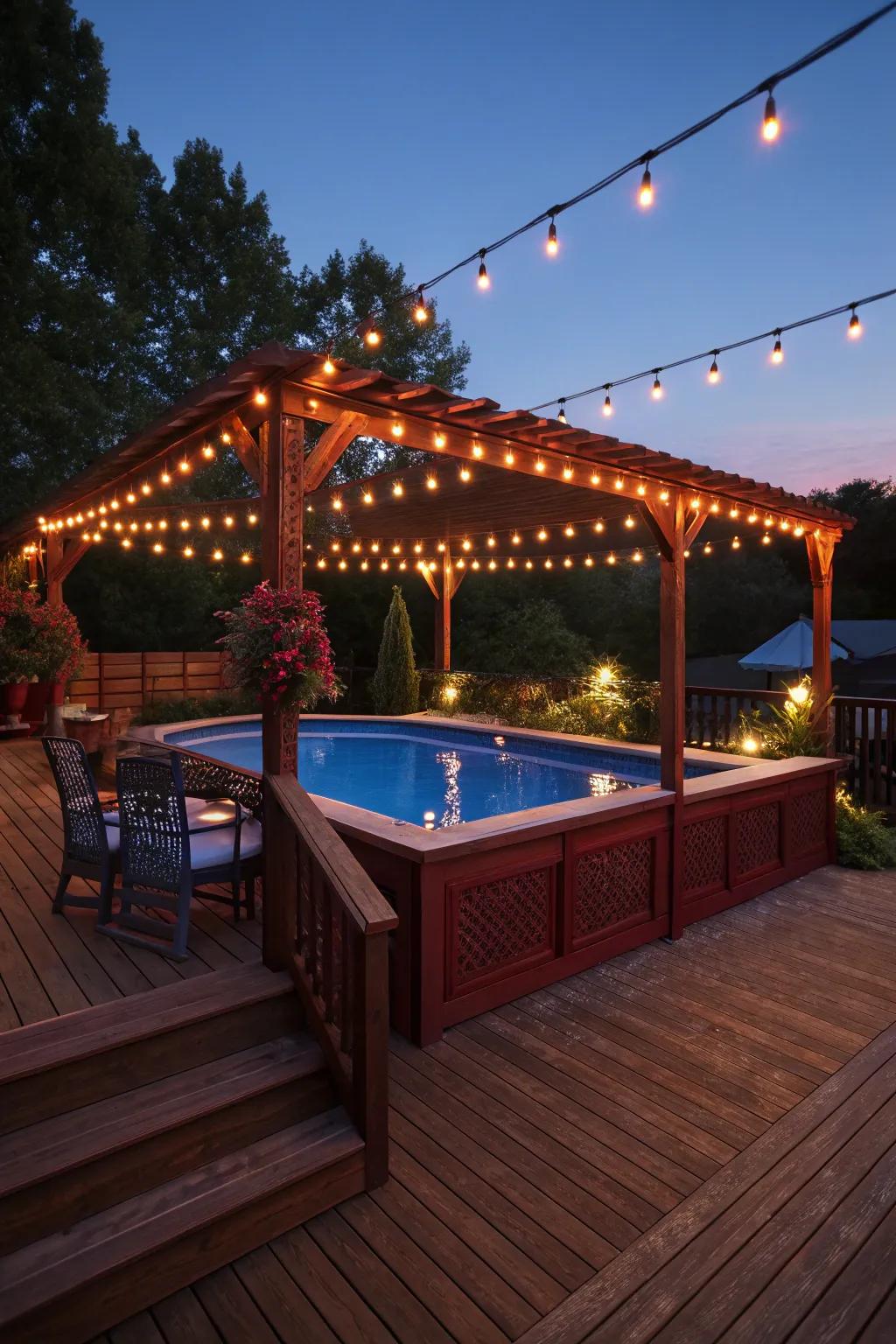 Illuminate your evenings with string lights for a magical poolside escape.