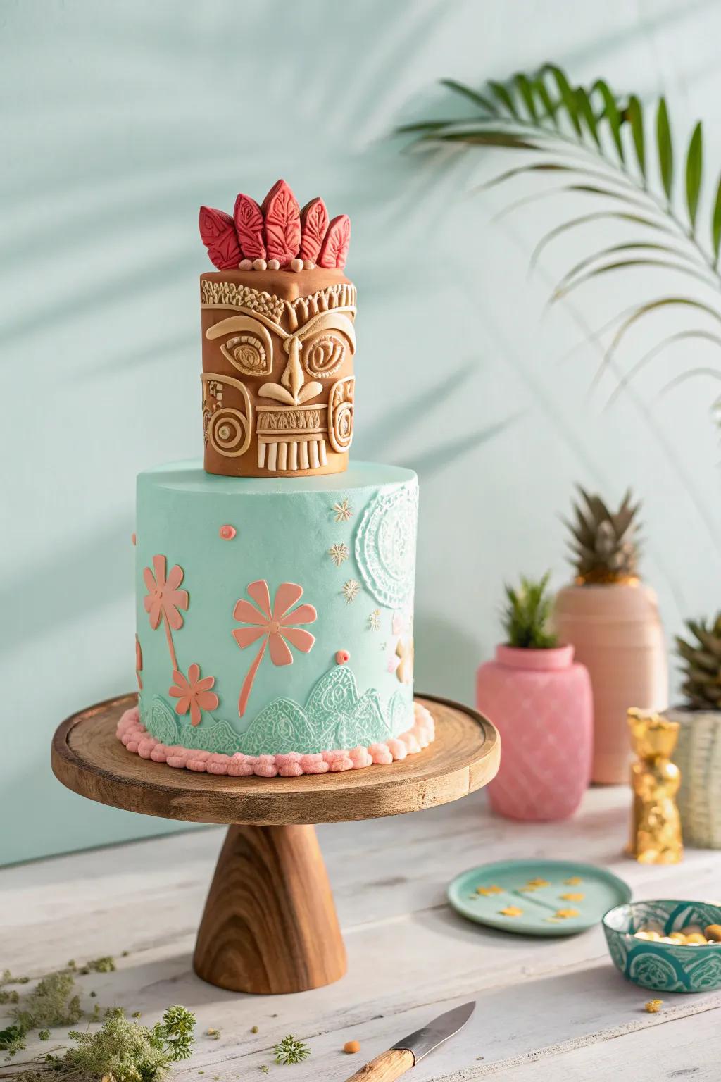 Bring a touch of aloha to your celebration with this stunning Tiki Totem Cake, perfect for a minimalist yet vibrant birthday vibe!