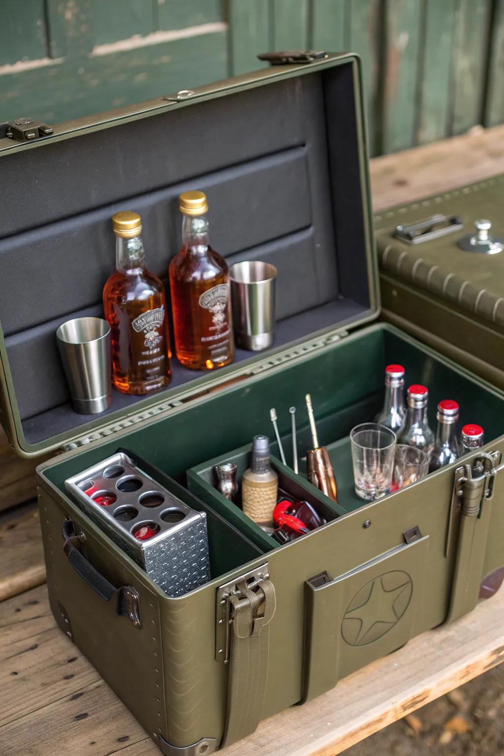 Transform vintage into vogue: An ammo can mini bar that’s a toast to craftsmanship and style.
