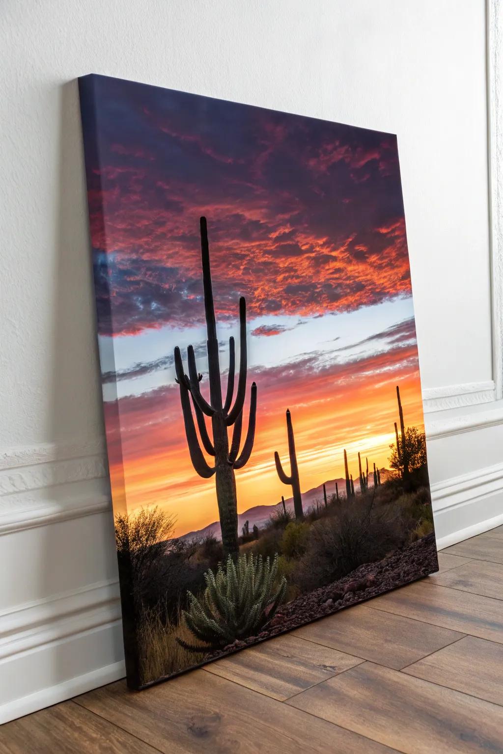 Embrace the serene beauty of the desert with striking cactus silhouettes against a dramatic sky. Perfect for modern minimalist spaces.