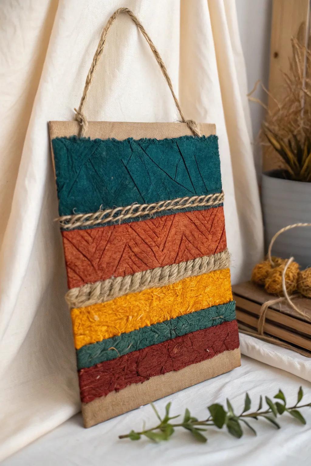 Embrace the beauty of textures and sustainable creativity with this stunning mixed media art piece.