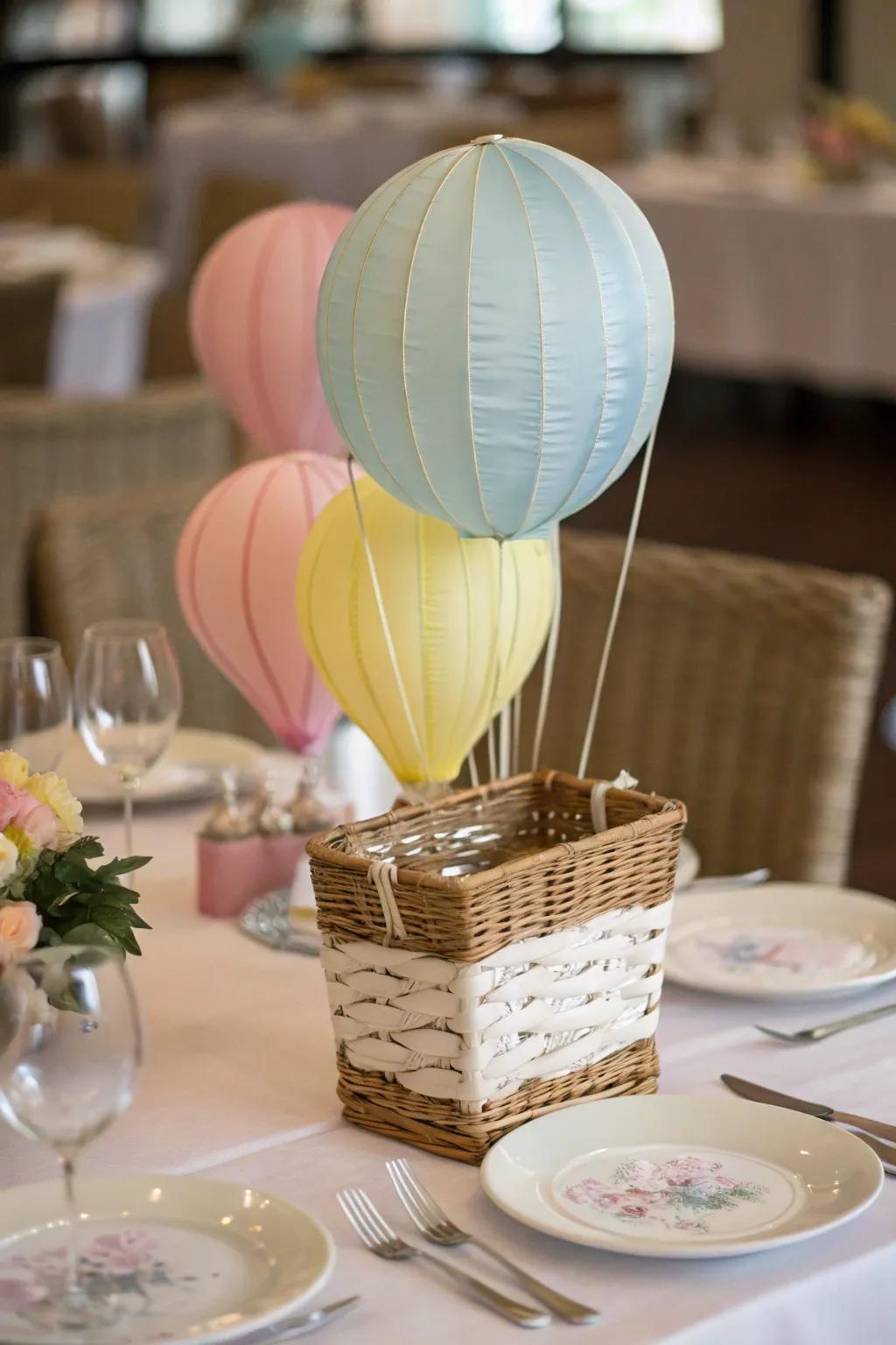 A whimsical hot air balloon centerpiece steals the show.