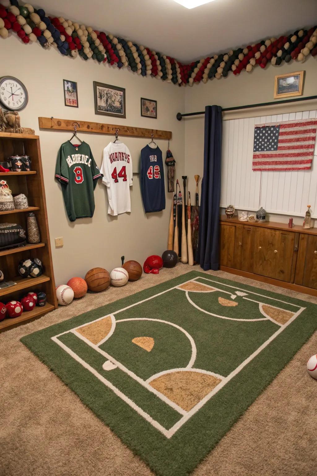 A field-themed rug grounds the room in its sporty essence.