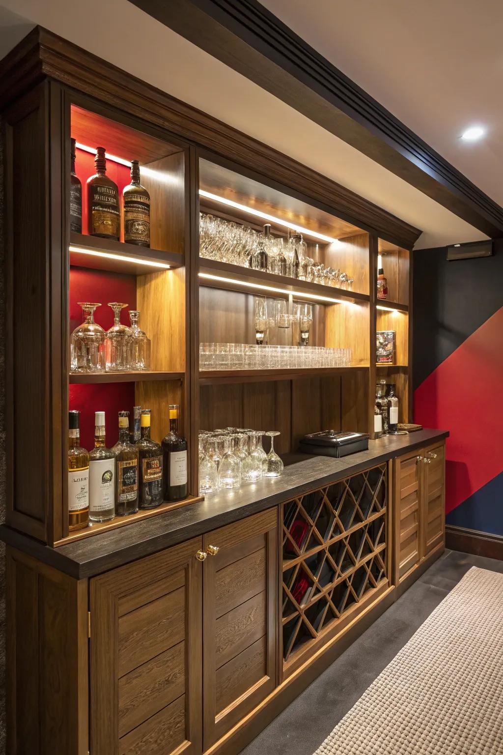 Elevate your basement bar with expertly crafted storage solutions that impress with both style and functionality.