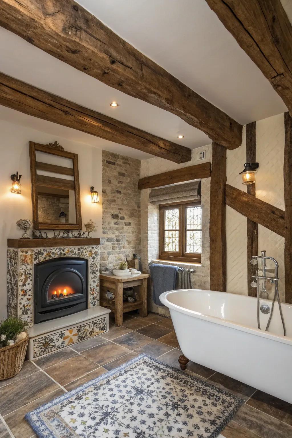 Rustic charm meets modern flair with a fireplace centerpiece.