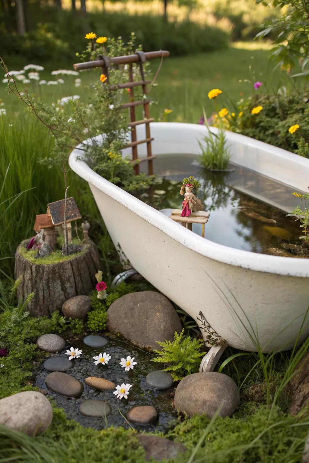 Transform your outdoor space into a magical escape with a fairy garden pond in a vintage bathtub.