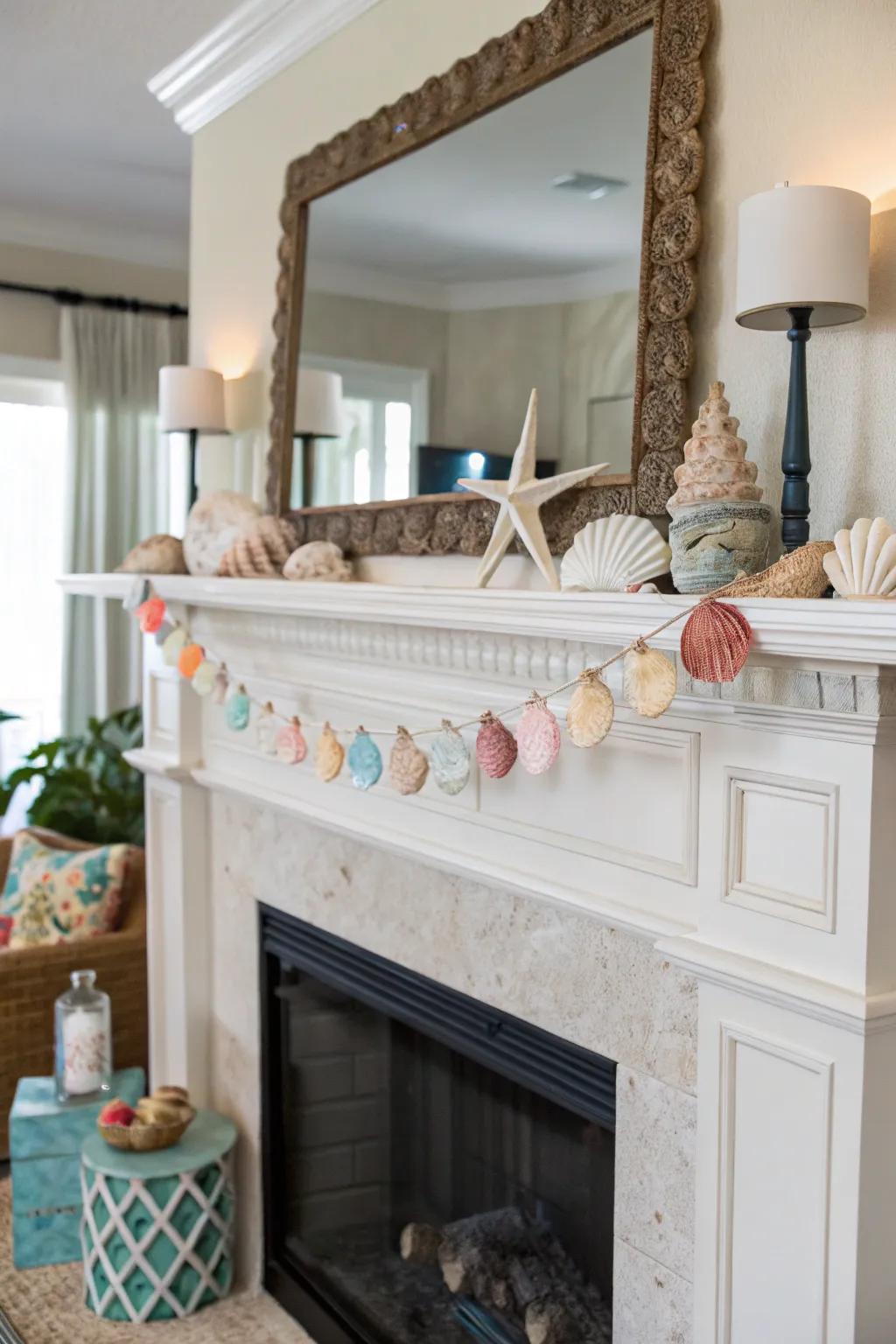 Add a whimsical touch to your mantel with a seashell garland.