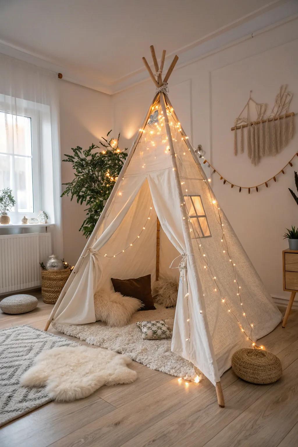 Create your own fairy tale retreat with this chic bohemian teepee, perfect for a minimalist bedroom.