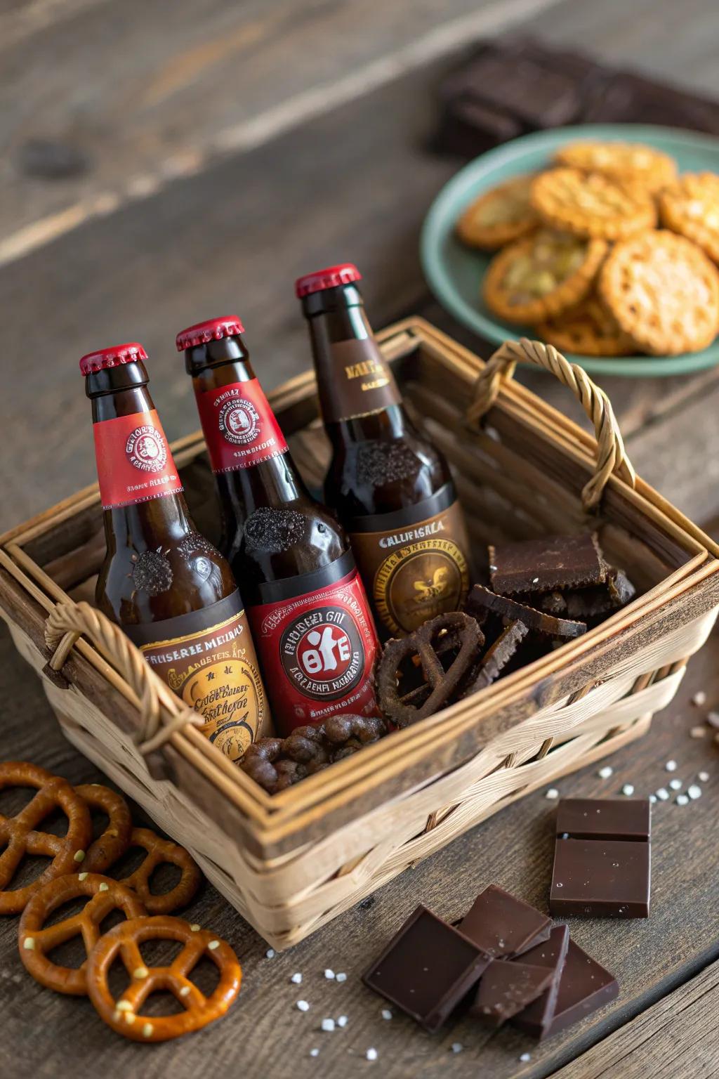 Indulge in the perfect blend of sweet and savory with this craft beer and snack basket.