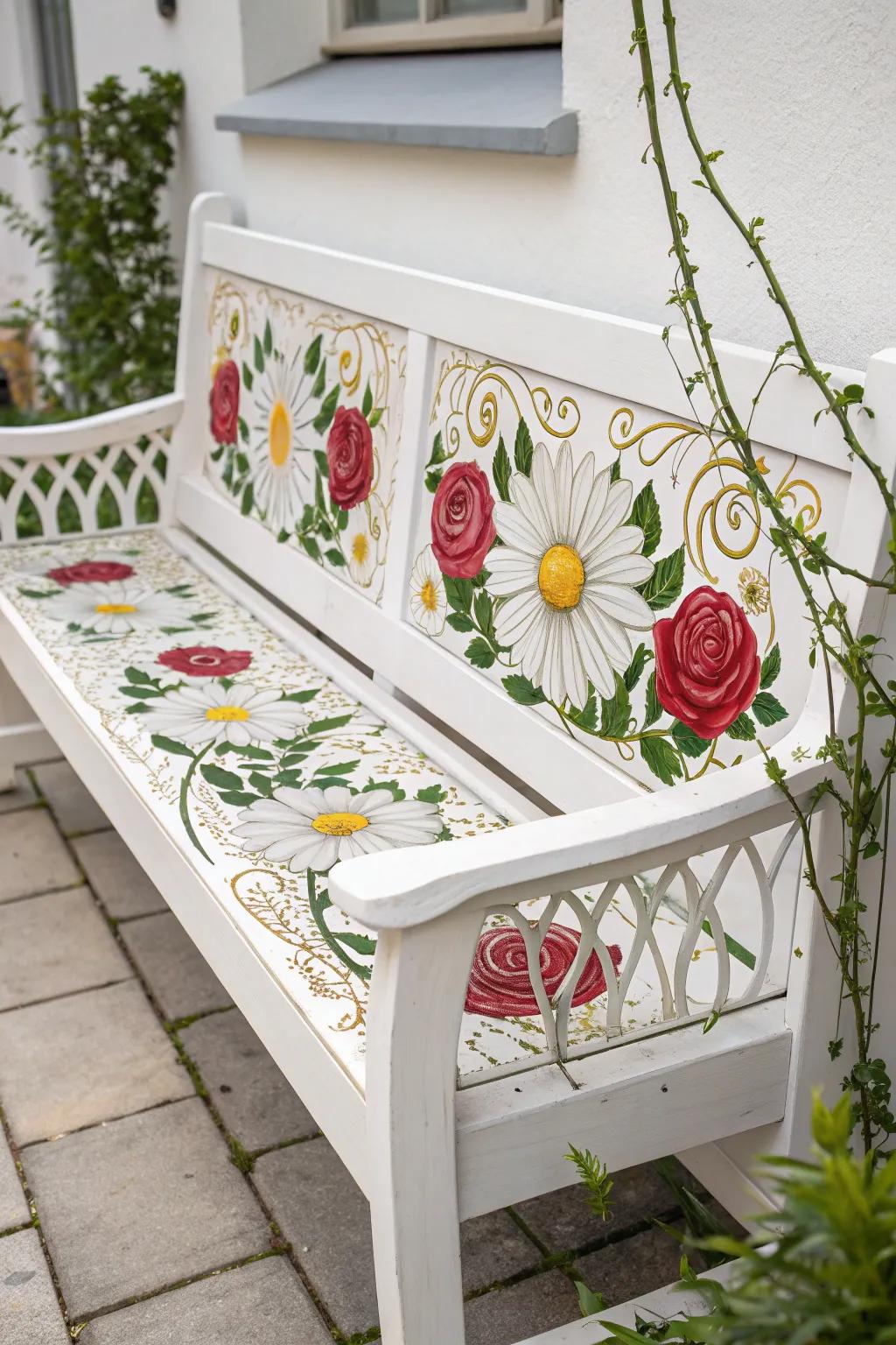 Transform your bench into a secret garden spot with this stunning floral design!