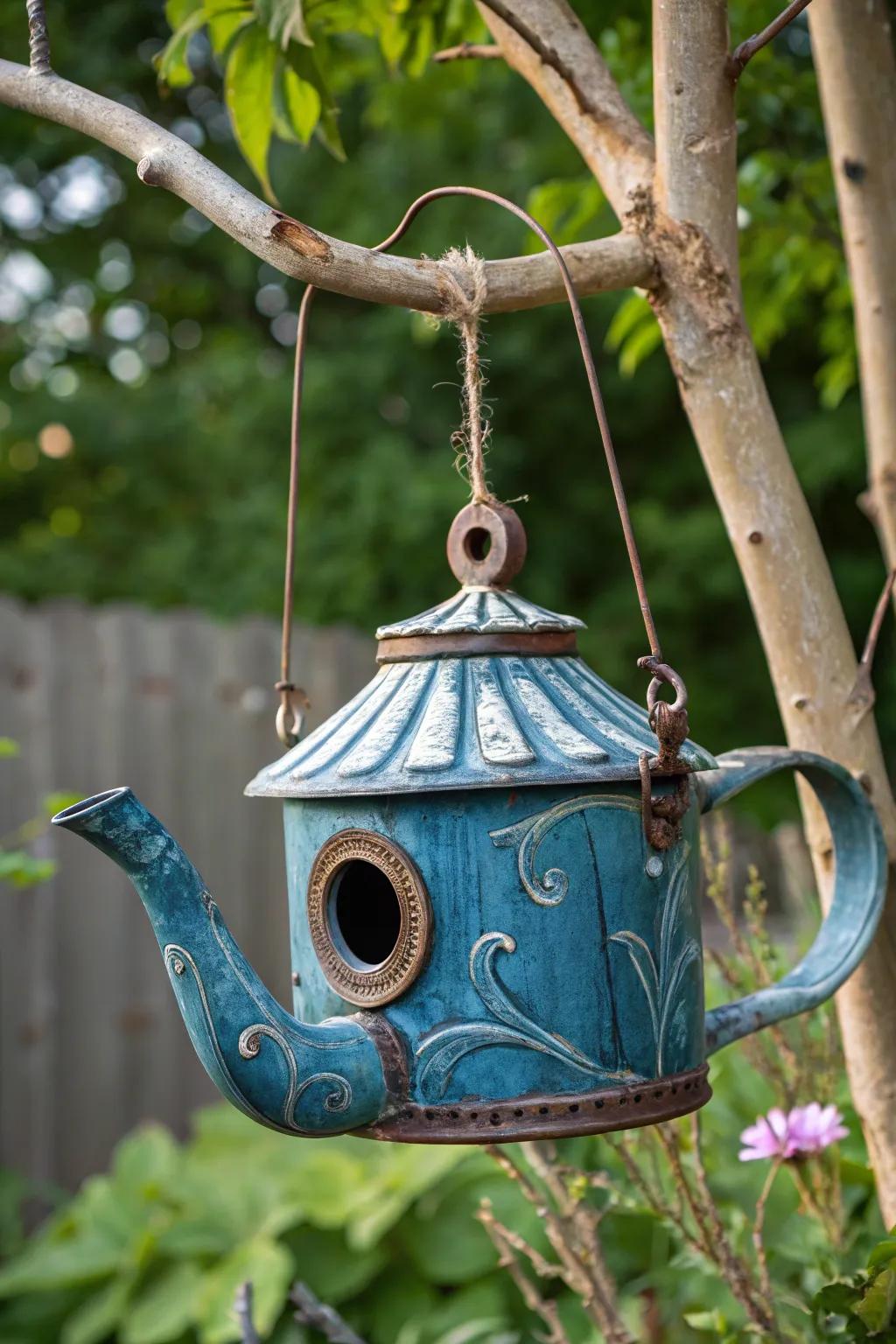 Transform vintage charm into a cozy bird haven with this upcycled teapot birdhouse.