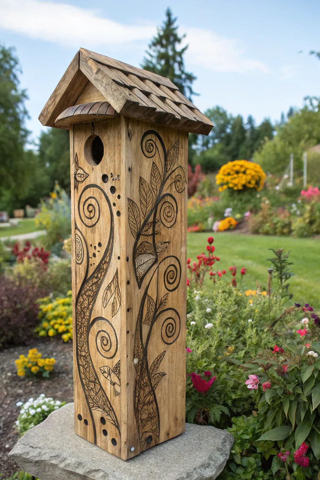 Add a touch of magic to your garden with a whimsically carved birdhouse post.