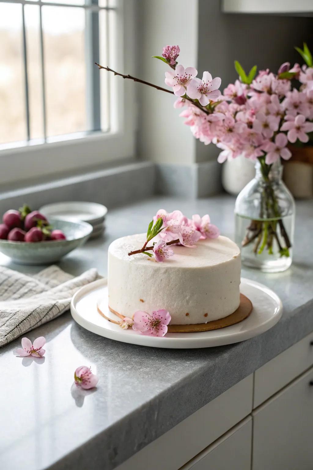 A minimalist single-tier cake that highlights the beauty of cherry blossoms.