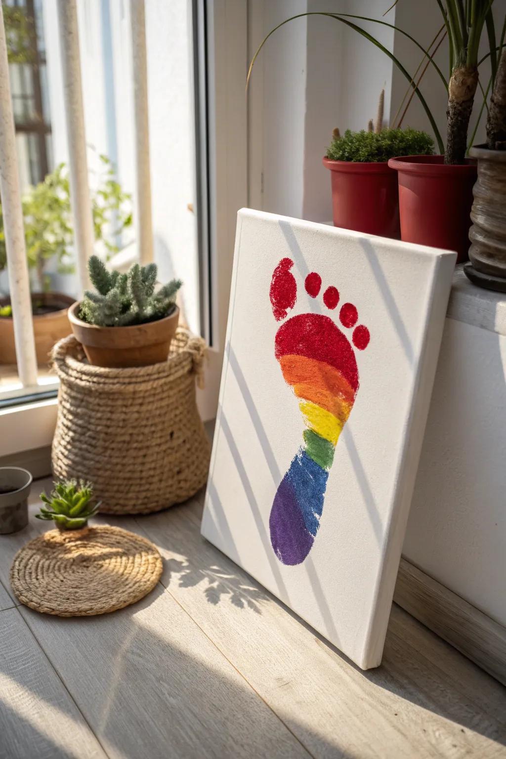 Step into joy with vibrant rainbow footprints, a perfect blend of simplicity and color for your celebration.