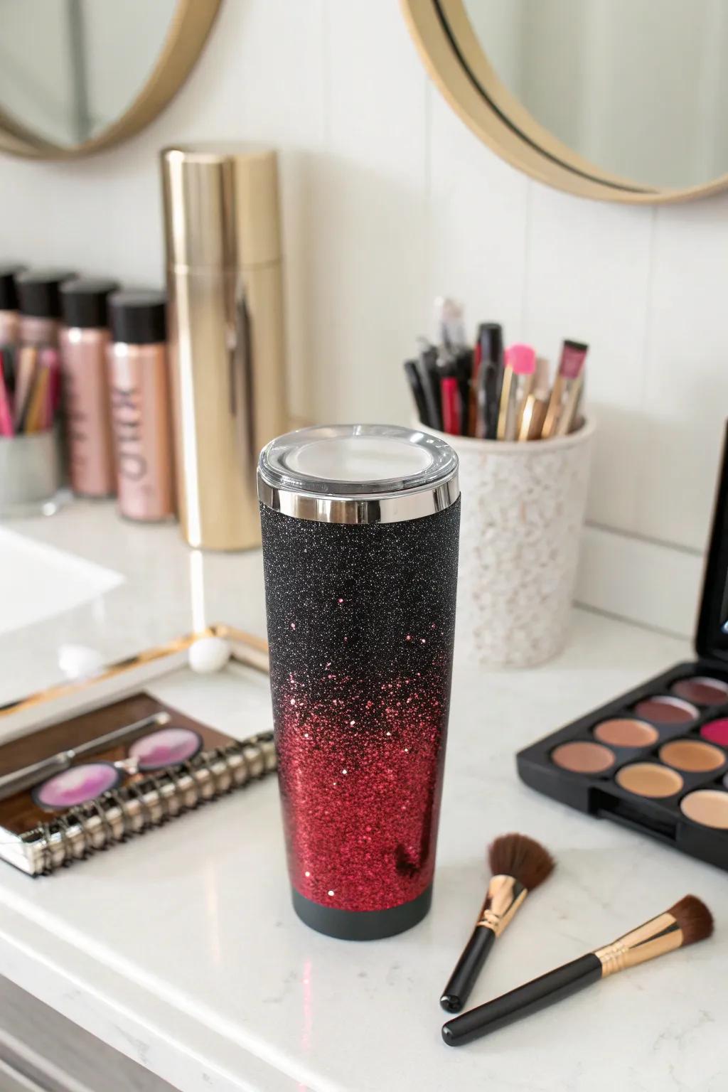 A glittering red and black tumbler that shines with elegance.