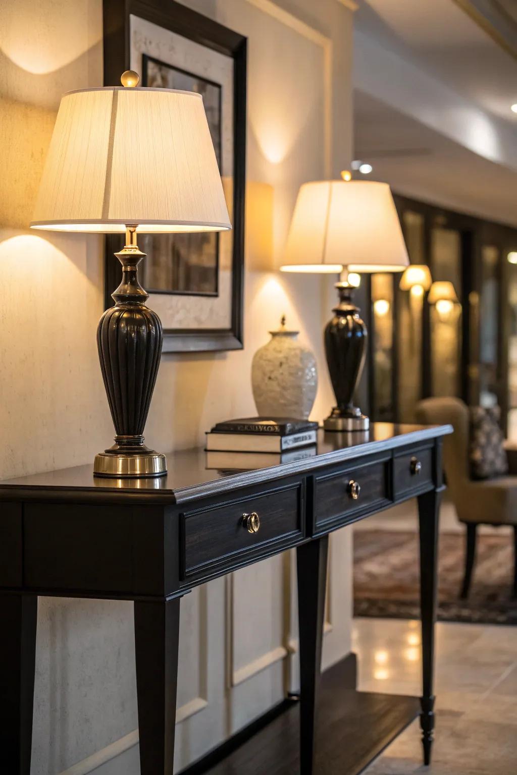 Table lamps provide symmetry and a welcoming glow.