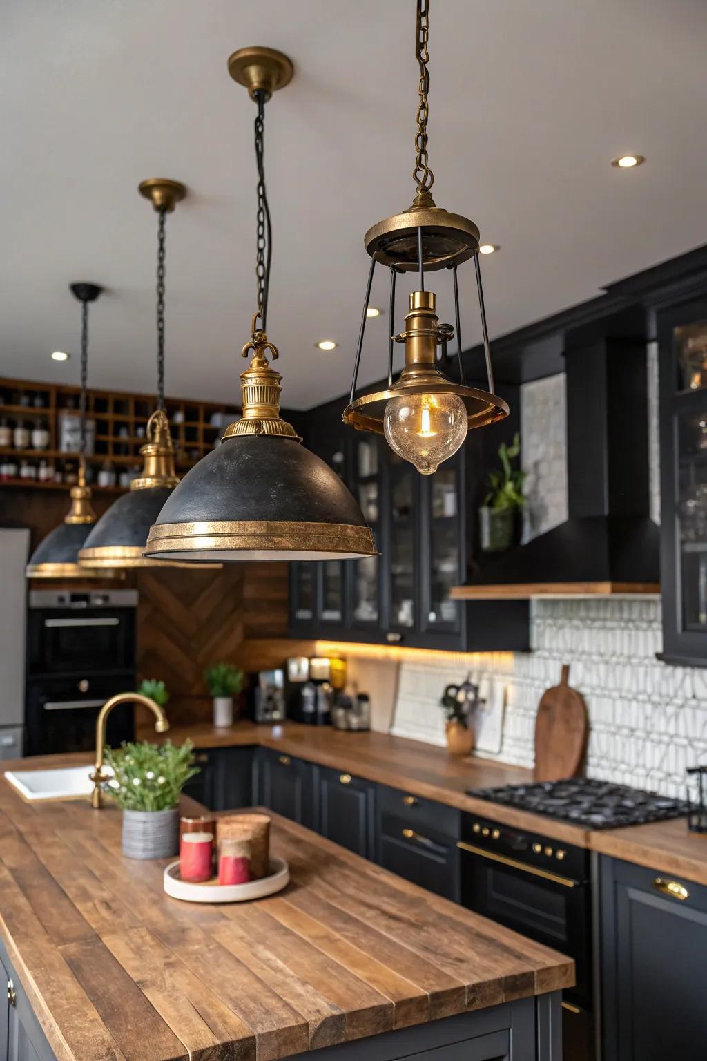 Mixing black fixtures with wood and brass creates unique character.
