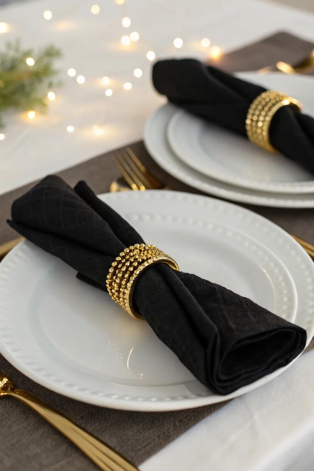 Black napkins with gold rings add a sophisticated touch.