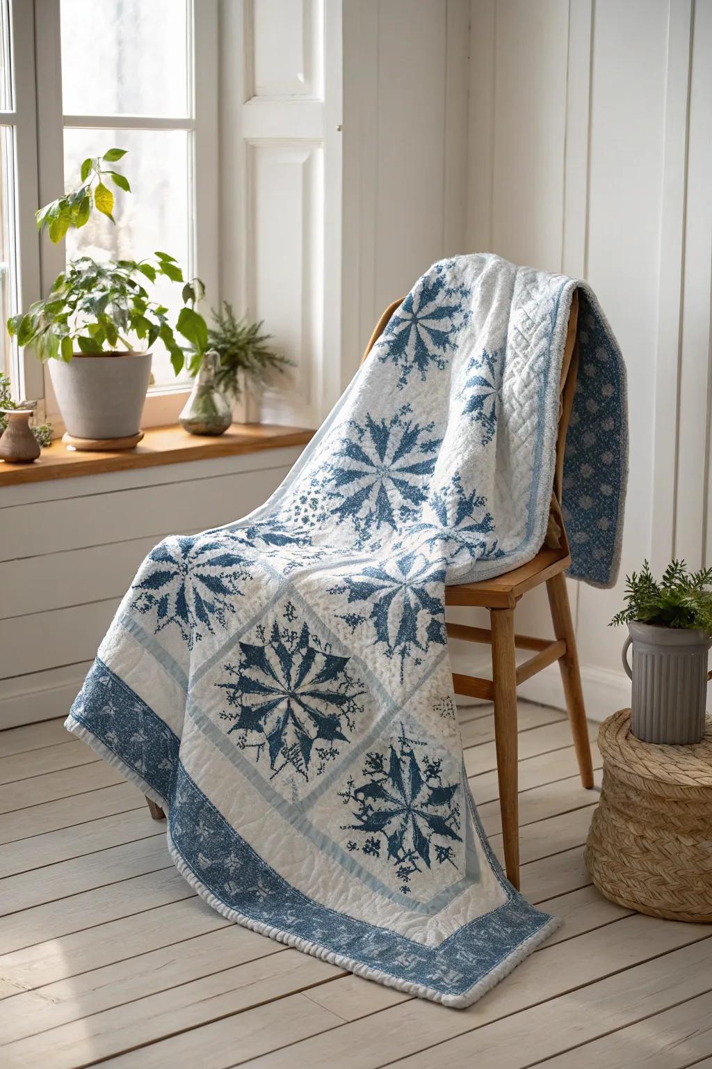 Wrap yourself in the elegance of winter with this stunning snowflake quilt.
