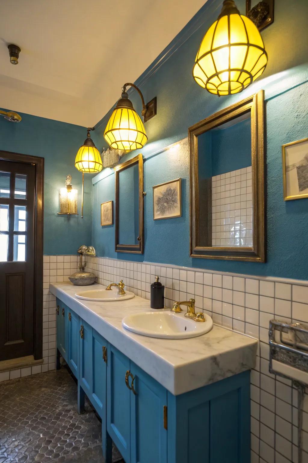 Warm yellow lighting complements and enhances blue hues in the bathroom.